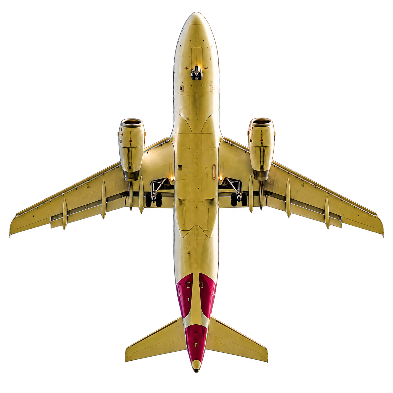 Flugzeug aus der Bodenperspektive vor blauem Himmel